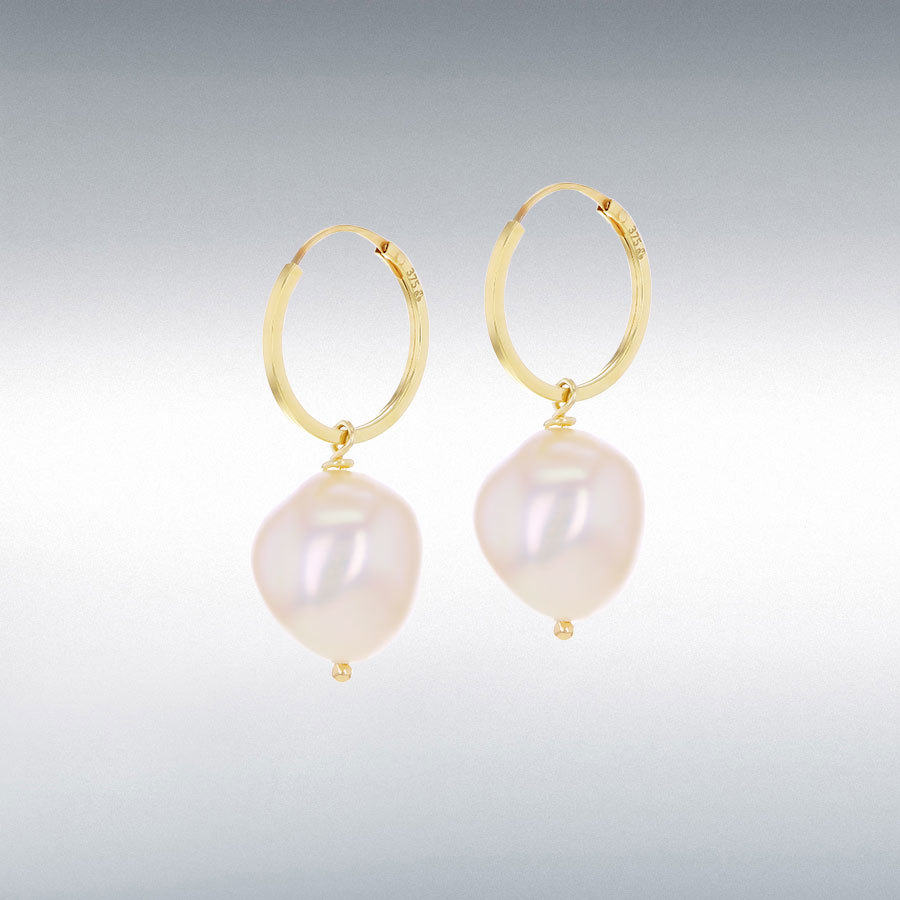 9CT YELLOW GOLD HOOP WITH 11.5MM X 26MM BAROQUE PEARL DROP EARRINGS