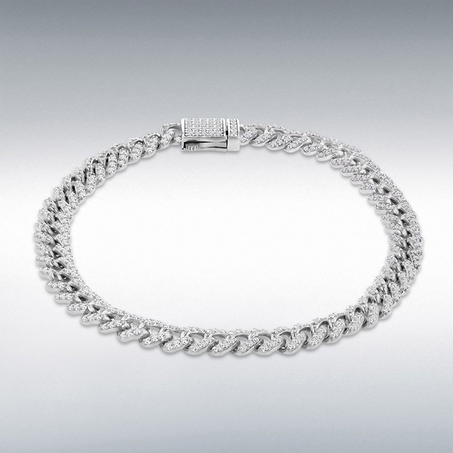 Sterling Silver Rhodium Plated 1mm White CZ Curb Bracelet 19cm/7.5"