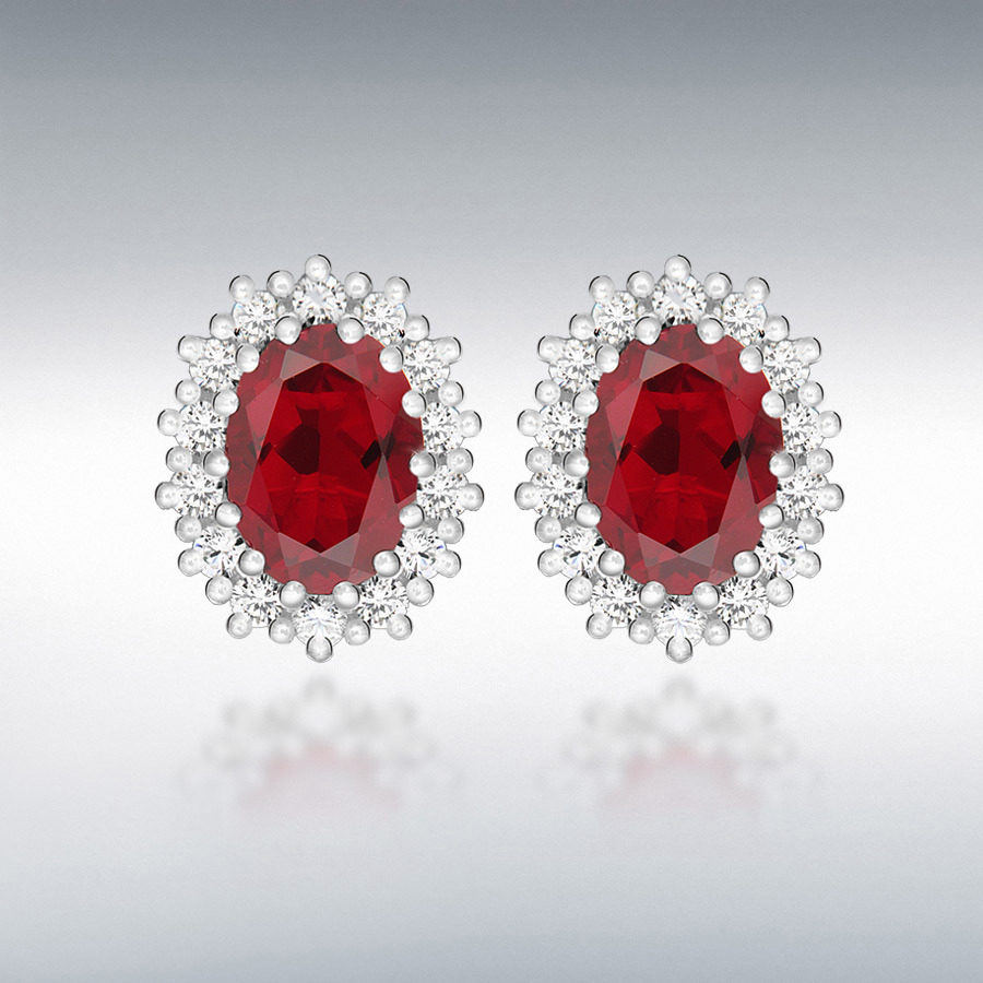 Sterling Silver White CZ and Red Glass 7mm x 9mm Cluster Oval Stud Earrings