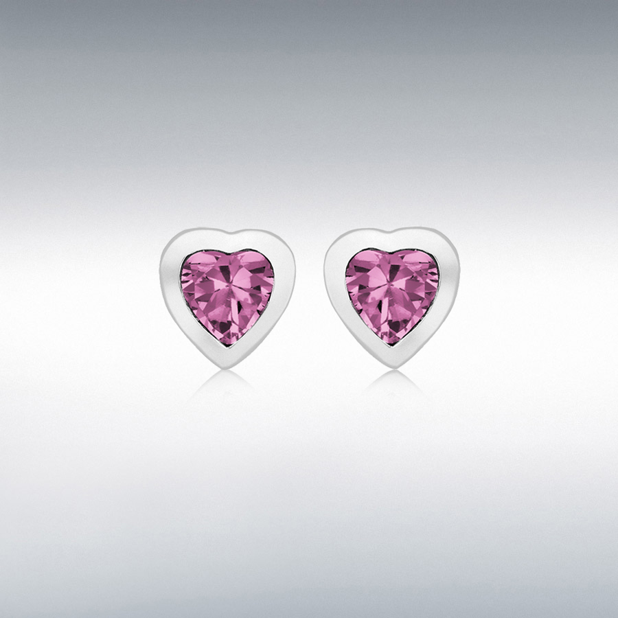 Sterling Silver Rhodium Plated Pink CZ 5.5mm x 6mm Heart Stud Earrings