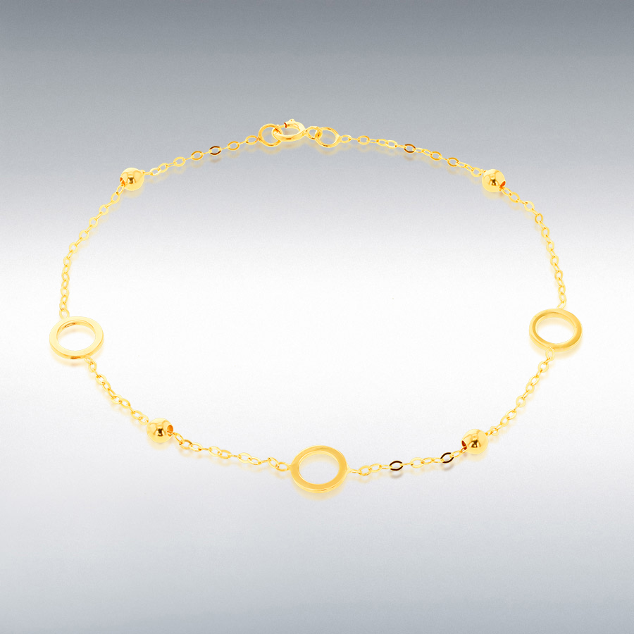 9CT YELLOW GOLD 6.5mm CIRCLE WITH 3MM BEAD BRACELET 19cm/7.5"