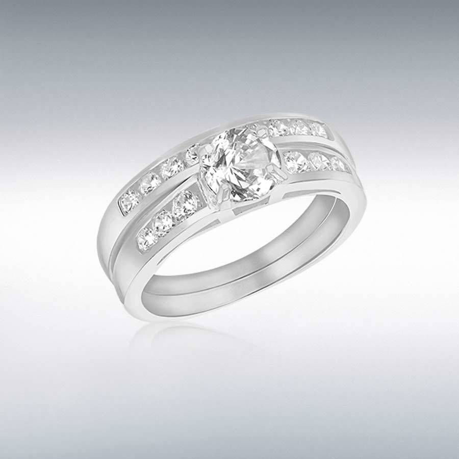 Sterling Silver CZ Engagement and Wedding Band Rings