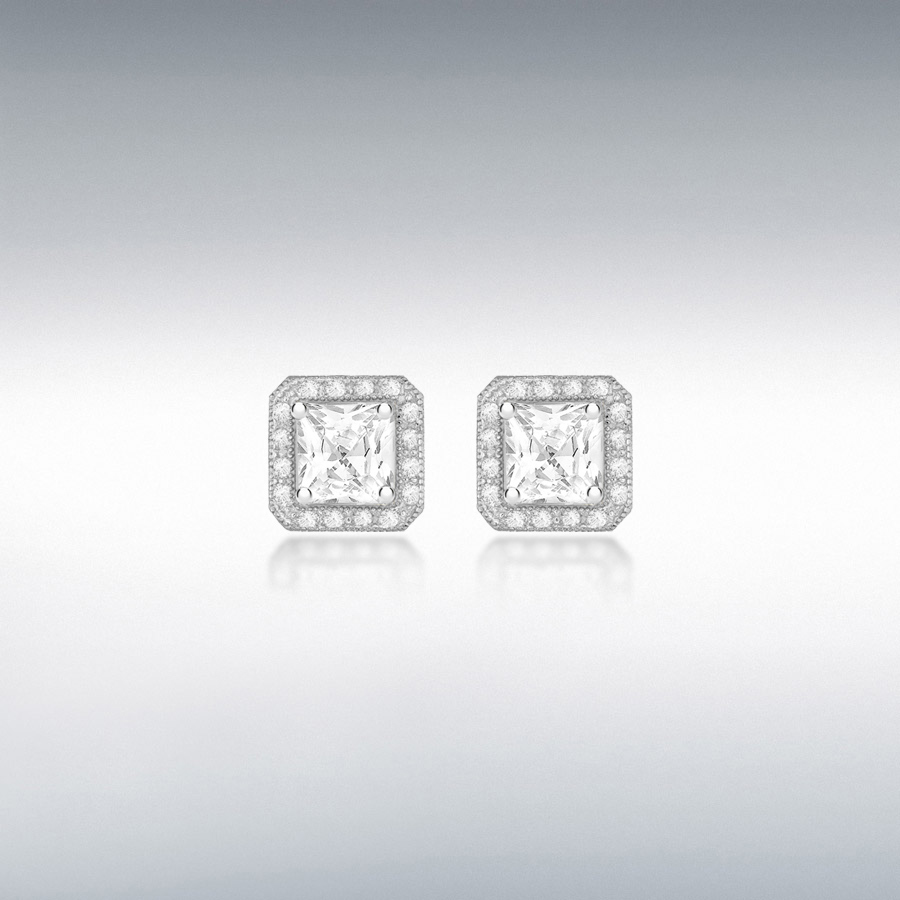 Sterling Silver Rhodium Plated CZ 7mm x 7mm Square Stud Earrings