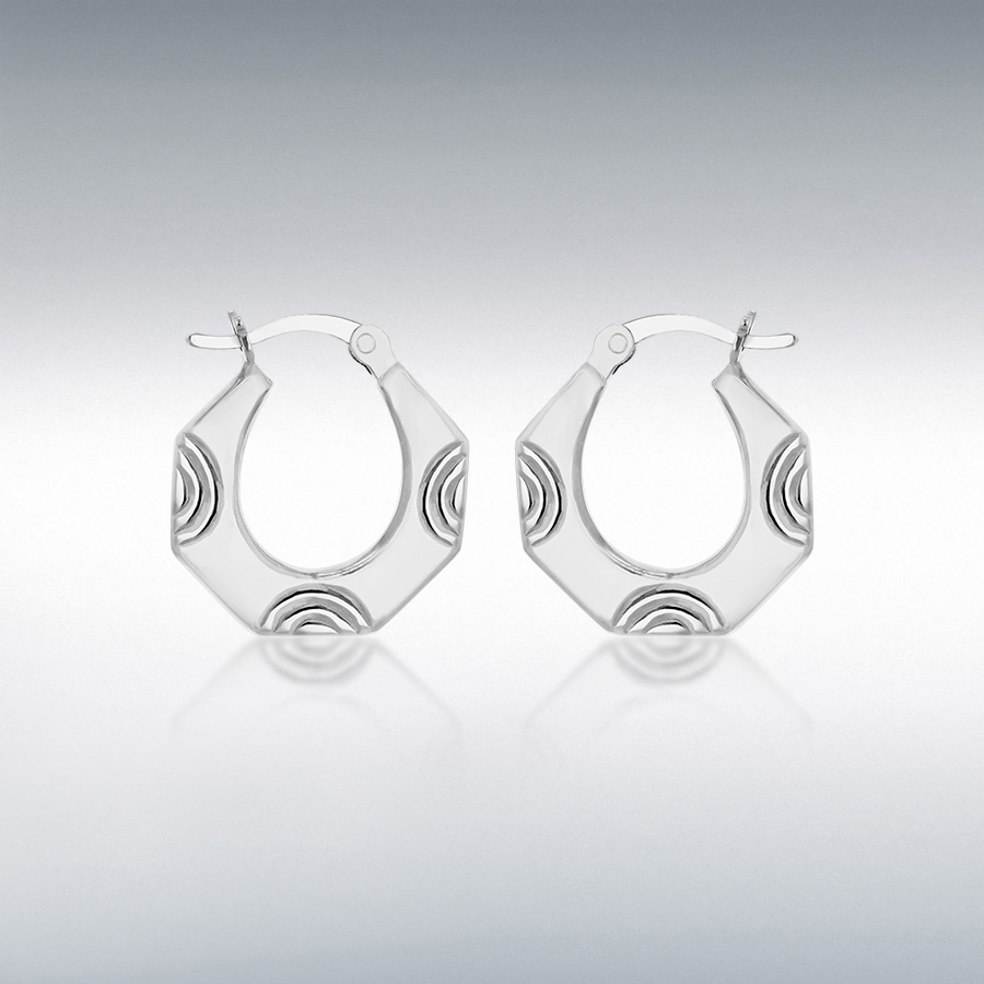 Sterling Silver Rhodium Plated 18mm x 2.2mm Patterned Hexagon Creole Earrings