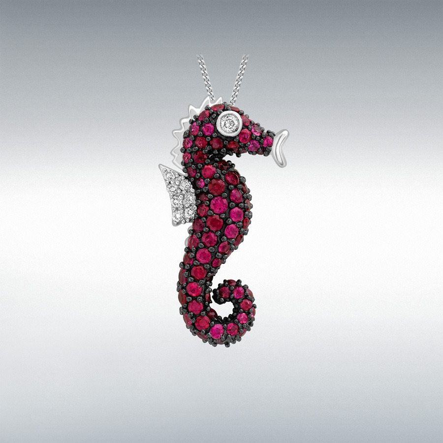 9ct White Gold 0.08ct Diamond and Ruby 13mm x 25mm Seahorse Pendant