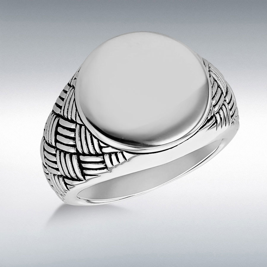 Sterling Silver Round With Woven Pattern Signet Ring