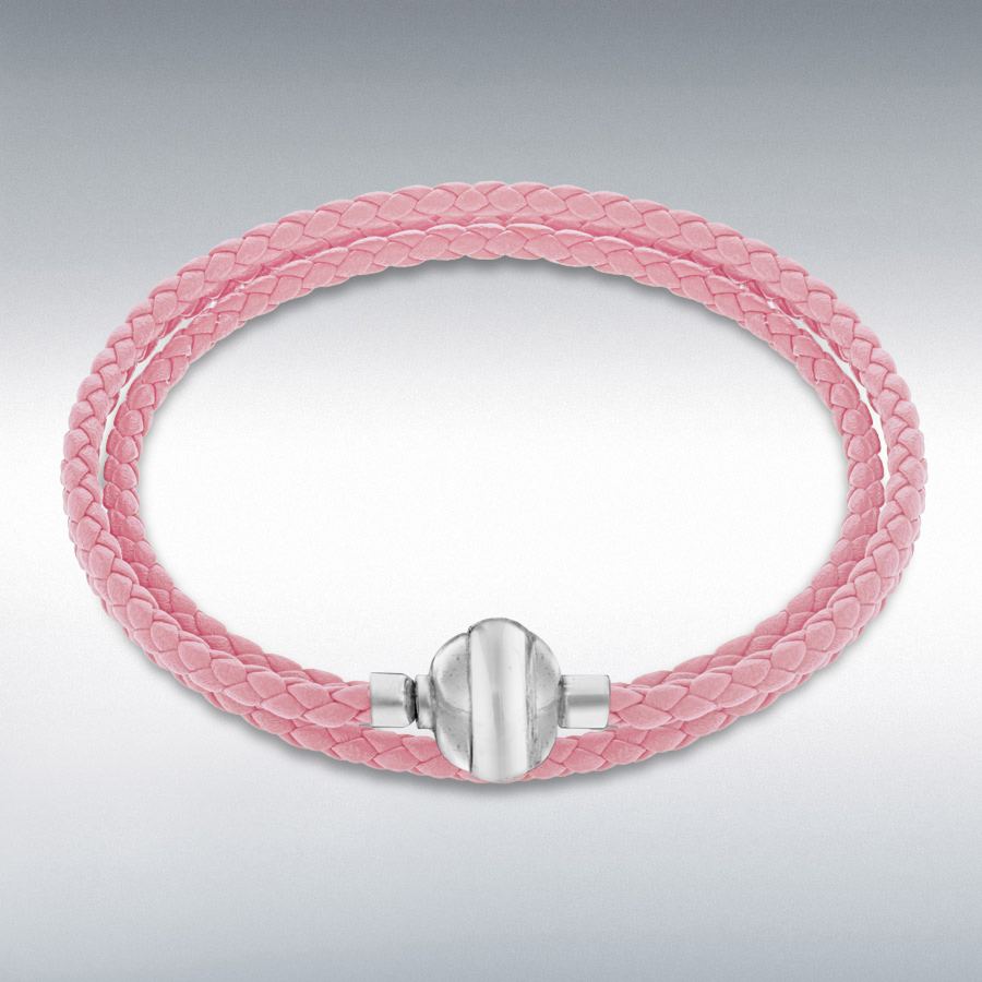 Sterling Silver Pink Plaited Leather Wrap Bracelet 60cm/23.5"
