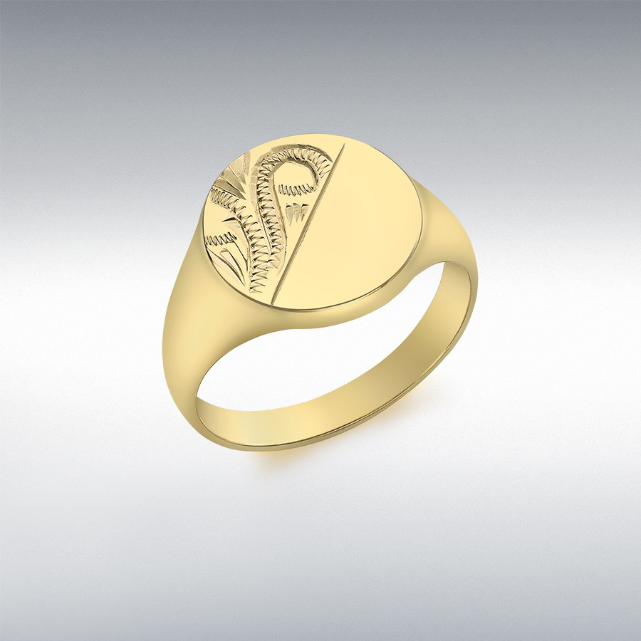 9ct Yellow Gold Half-Engraved 13mm Round Signet Ring