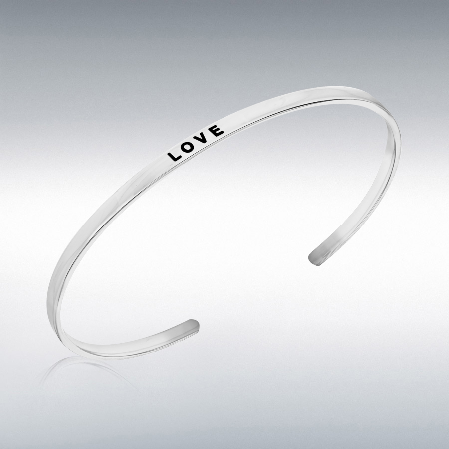 Sterling Silver Rhodium Plated 'Love' Message Cuff Bangle