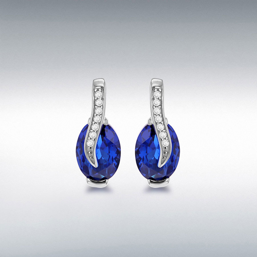 Sterling Silver Rhodium Plated (7.5mm x 6mm) Blue Oval Synthetic Spinel with White Round CZs Crossover Stud Earrings