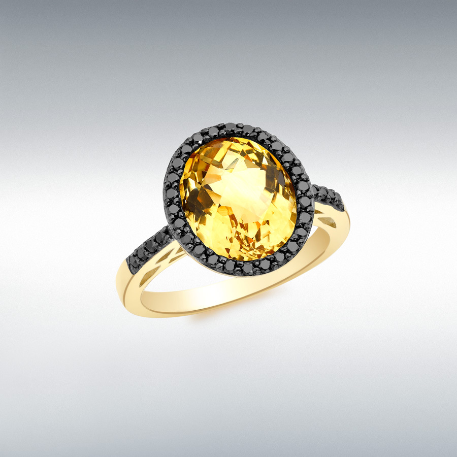 9ct Yellow Gold 0.26ct Black Diamond and Oval Citrine 13mm x 12mm Ring