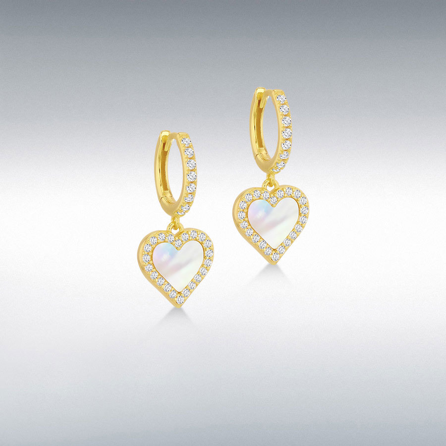 Sterling Silver Yellow Gold Plated 10mm x 9mm MOP and 1mm CZ Heart Hoop Drop Earring