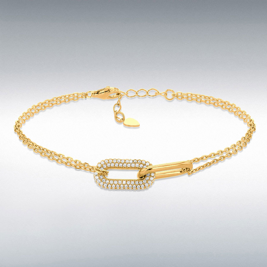 STERLING Silver Yellow Gold Plated 28mm x 8.5mm Paper Link with CZ Adjustable Bracelet 18cm/7"-20cm/8"