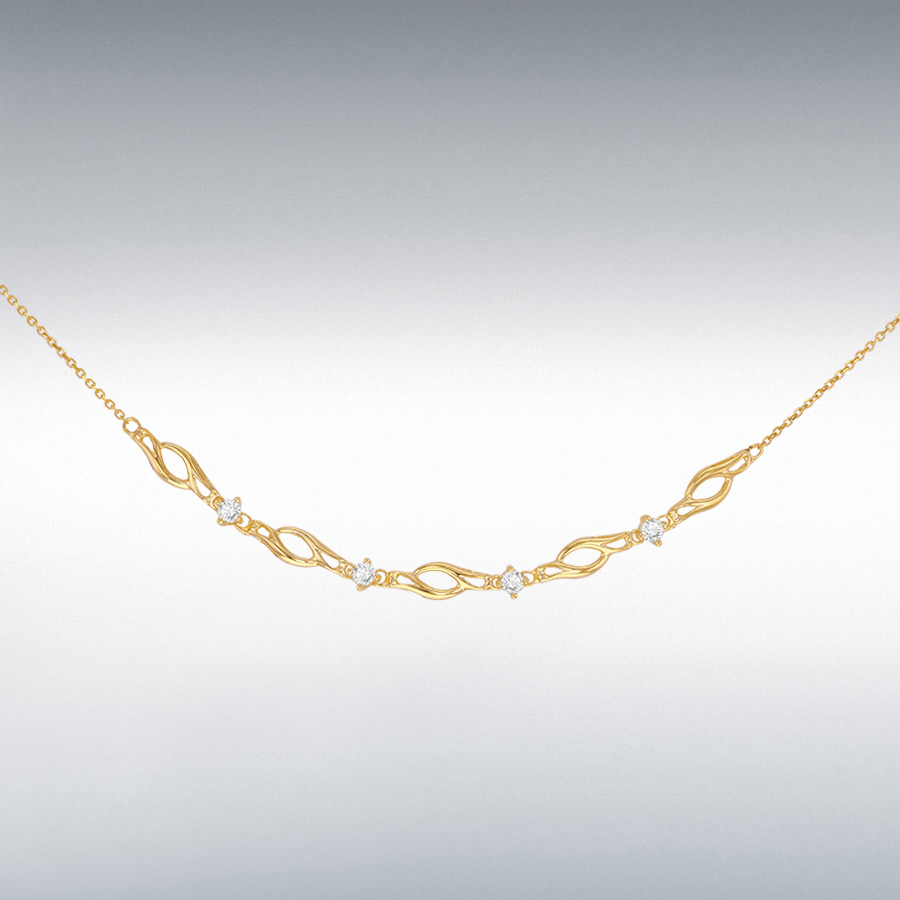 9ct Yellow Gold with 3mm CZ and 9.5mm X 5mm Twist Curve Necklace 41cm/16"-43cm/17"