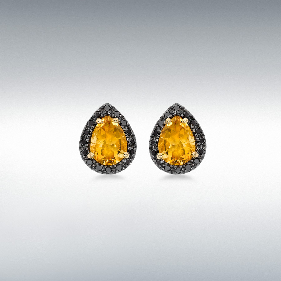 9ct Yellow Gold 0.23 Black Diamond and Teardrop Citrine 9mm x 11mm Stud Earrings