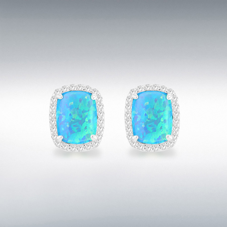Sterling Silver Rhodium Plated Rectangle Synthetic Turquoise Opal and White CZ 8.5mm x 10mm Halo Stud Earrings