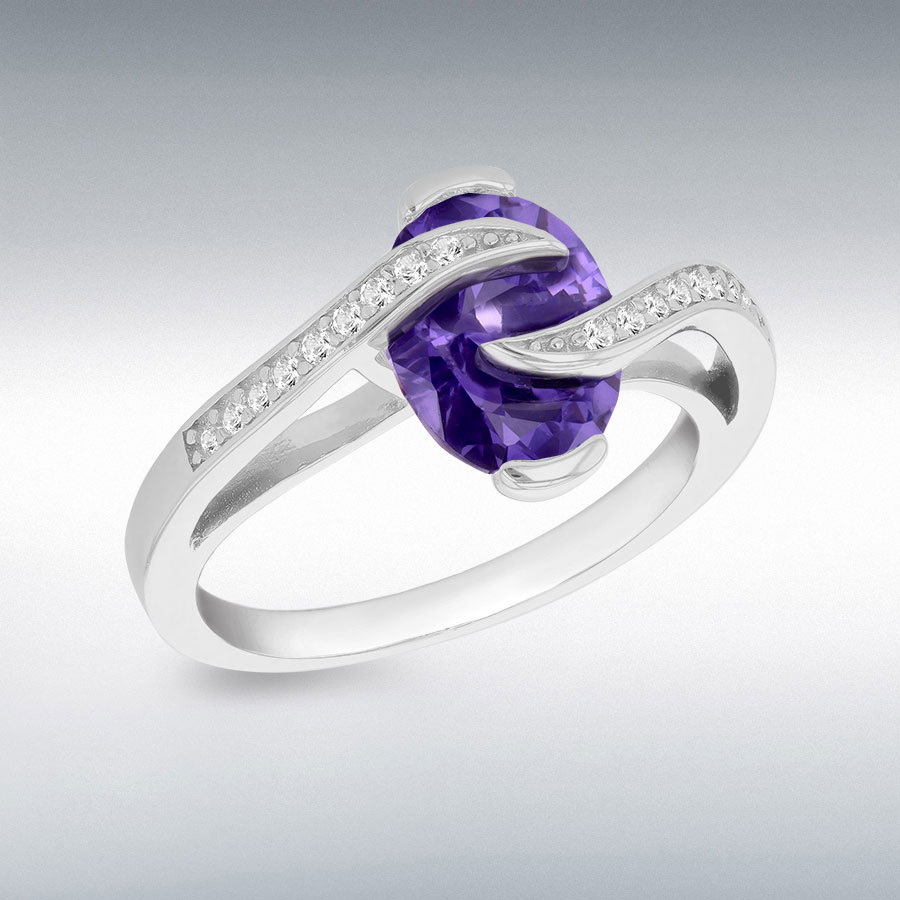 Sterling Silver Rhodium Plated Violet Oval CZ with White Round CZs Crossover Ring