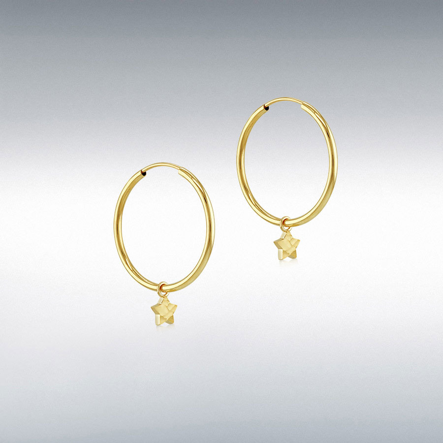 9CT YELLOW GOLD PLAIN HOOP WITH STAR DROP EARRING
