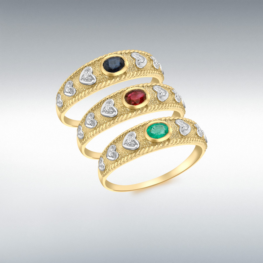 9ct Yellow Gold Emerald Ruby and Sapphire Ring Set