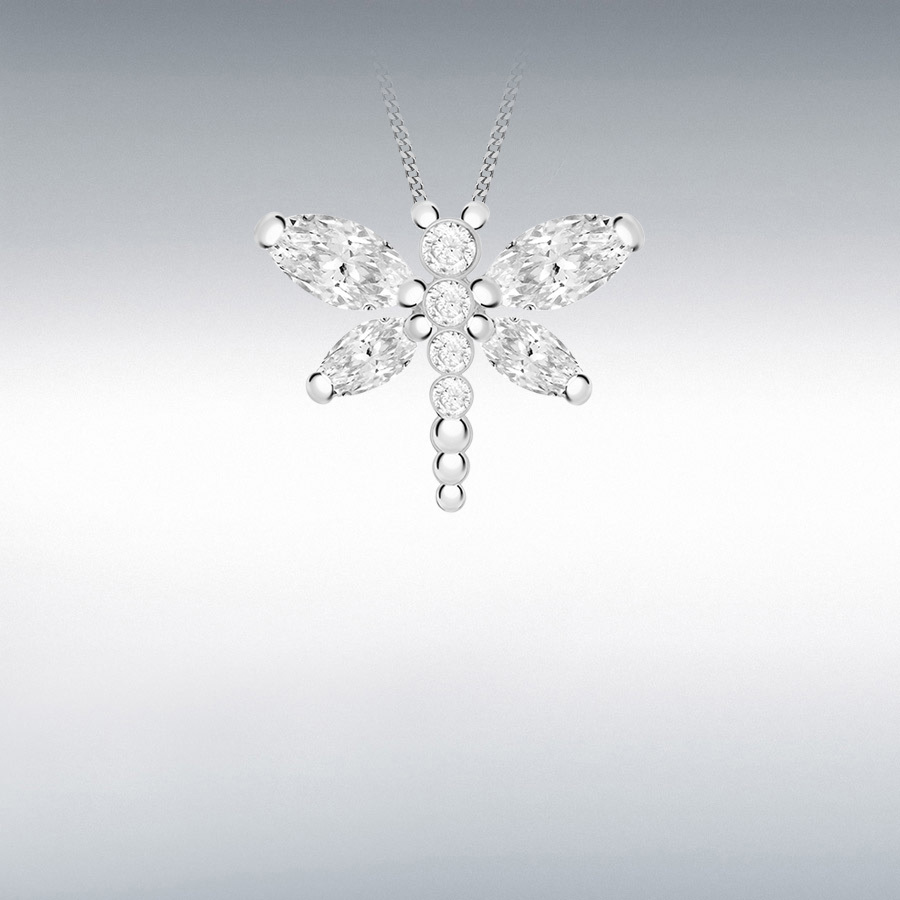 Sterling Silver White CZ 20mm x 15mm Dragonfly Pendant
