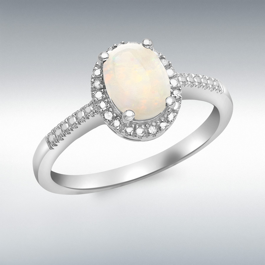 9ct White Gold 0.03ct Diamond and Opal Cluster Ring