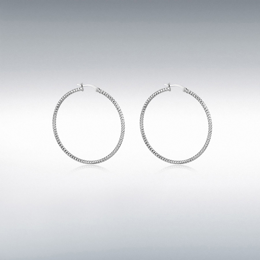 Sterling Silver Rhodium Plated 30mm Diamond Cut Hoop Creole Earrings