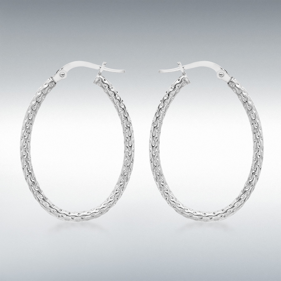 9ct White Gold 22mm x 31mm Diamond Cut Oval Creole Earrings