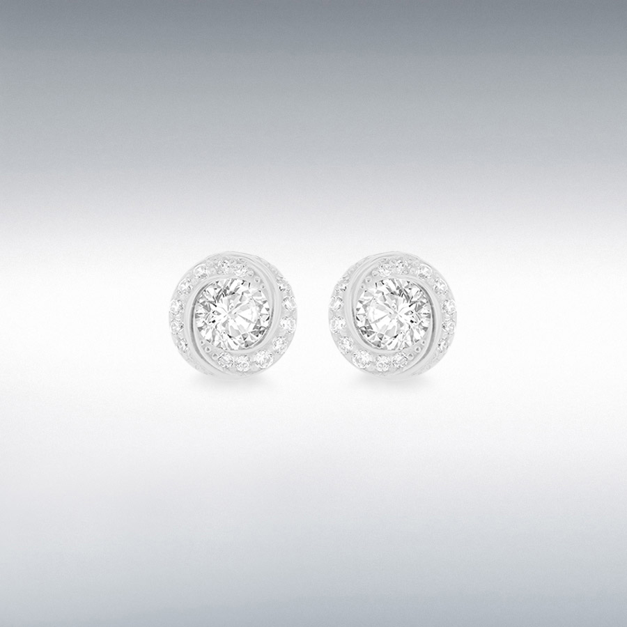 Sterling Silver Rhodium Plated CZ 8mm Twist Halo Stud Earrings