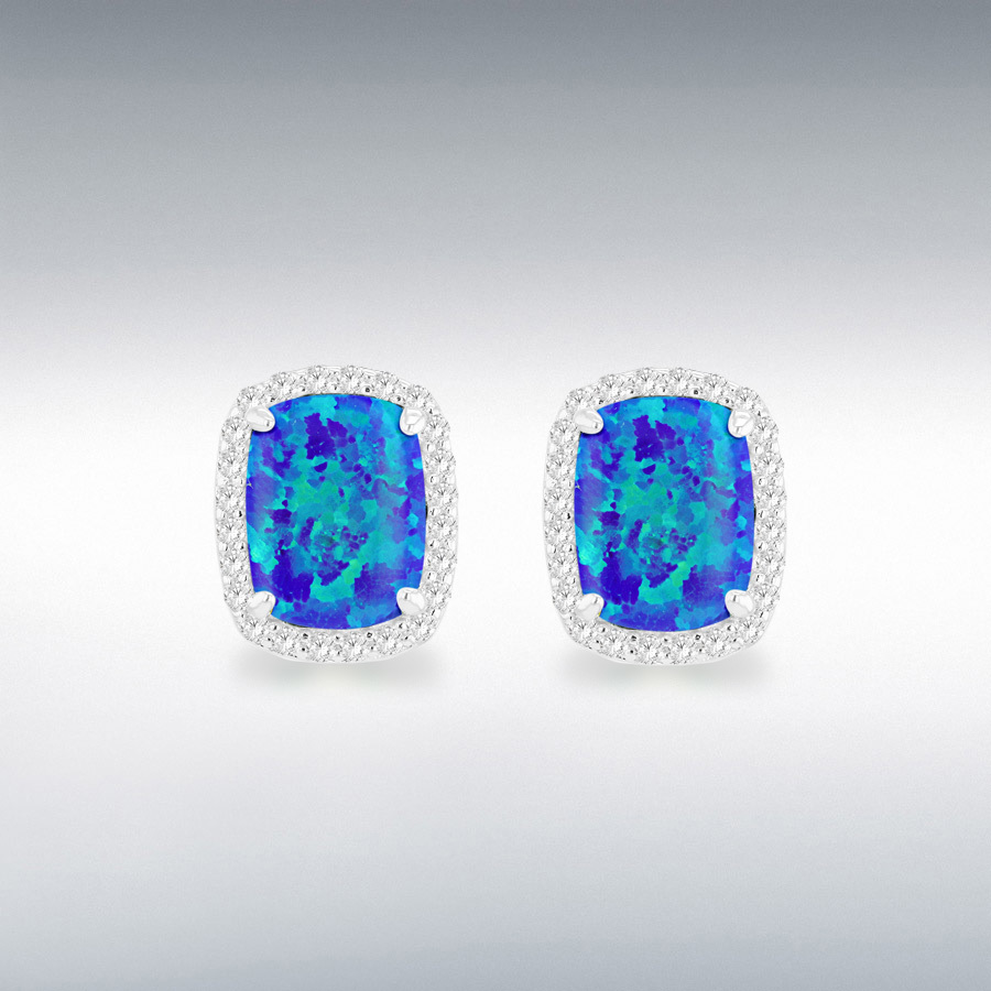 Sterling Silver Rhodium Plated Rectangle Synthetic Blue Opal and White CZ 8.5mm x 10mm Halo Stud Earrings