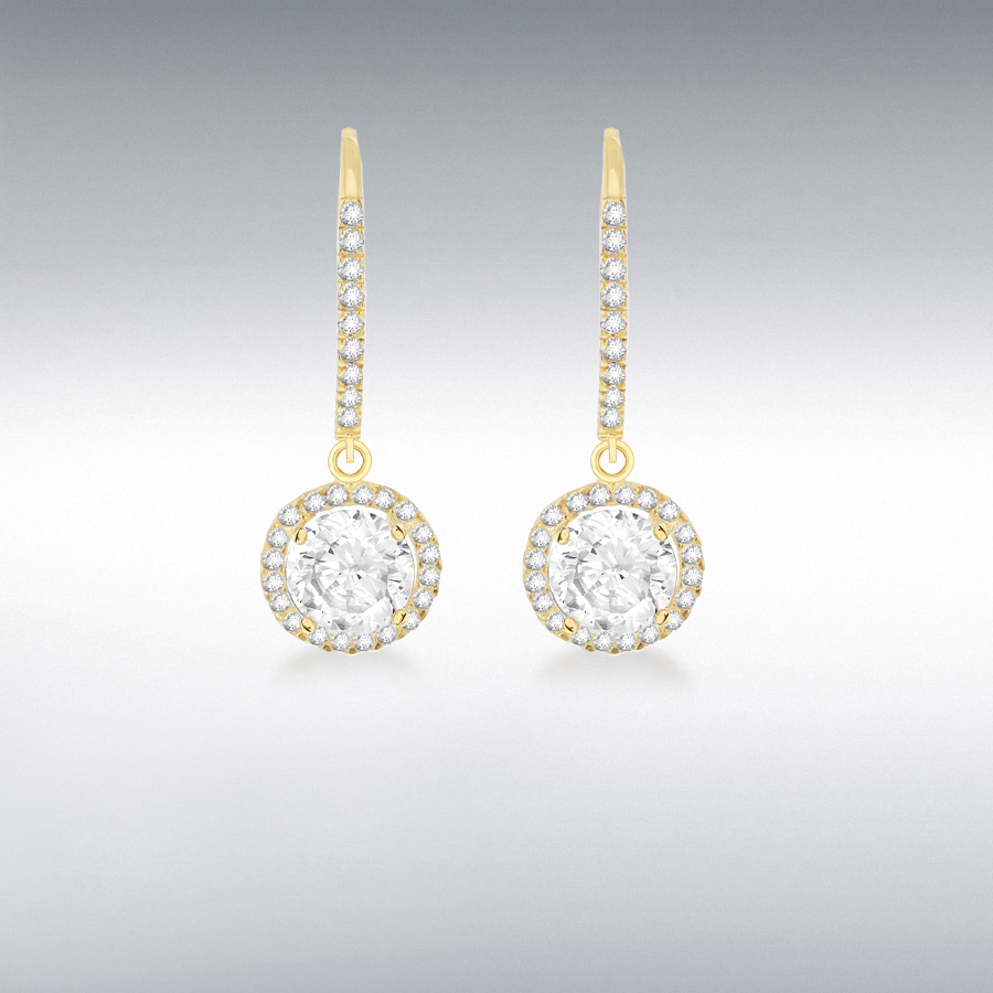 9ct Yellow Gold Round CZ 9.5mm x 27mm Drop Earrings