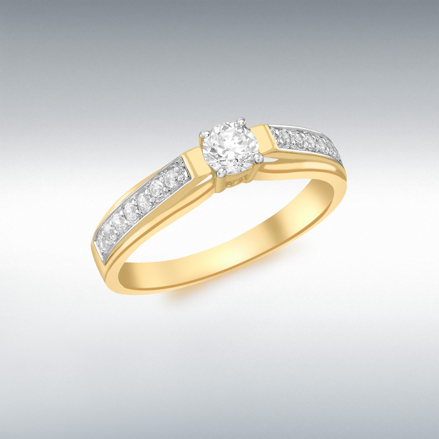 9ct Yellow Gold 4mm Solitaire CZ and 2mm CZ Shoulder Ring
