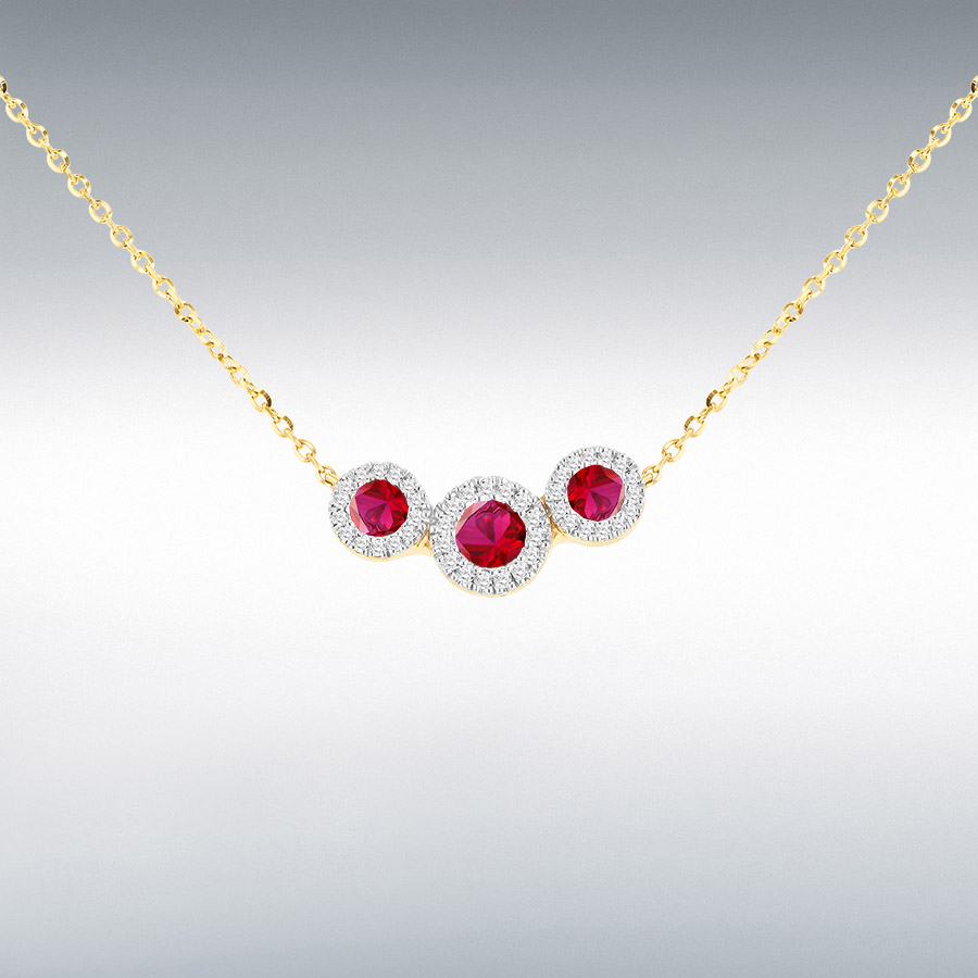 9CT Yellow Gold 7mm x 15mm Trinity Pendant with Lab Rubies and Diamonds Necklace 43cm/17"-46cm/18"