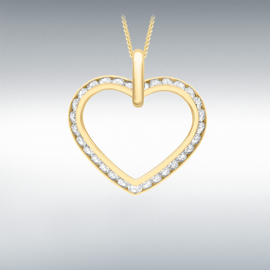 9ct Yellow Gold Channel Set CZ 22mm x 23mm Outline Heart Pendant