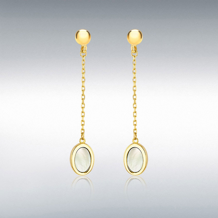 9ct Yellow Gold 6mm x 37.5mm Oval Mother of Pearl Drop Stud Earrings