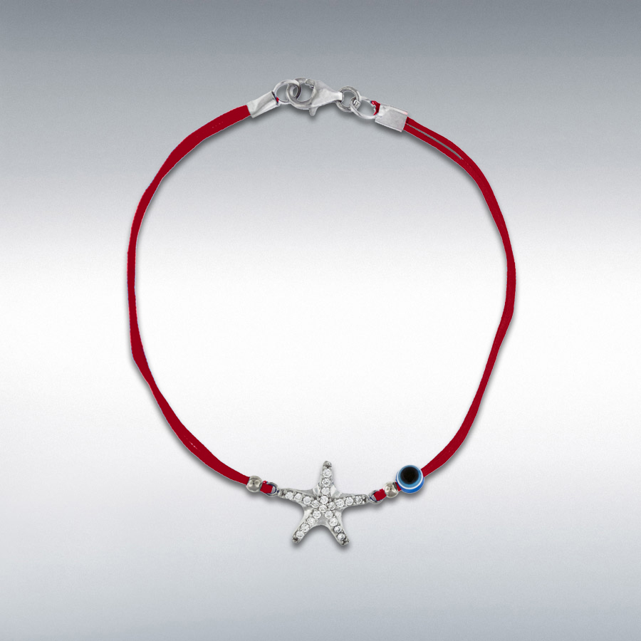 Sterling Silver White CZ 13mm x 12mm Starfish and Bead Red Cord Bracelet 18cm/7