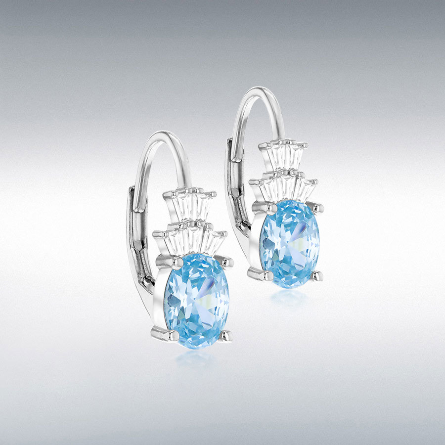 STERLING SILVER RHODIUM PLATED 5MM X 15MM LIGHT BLUE OVAL CZ CREOLE EARRINGS