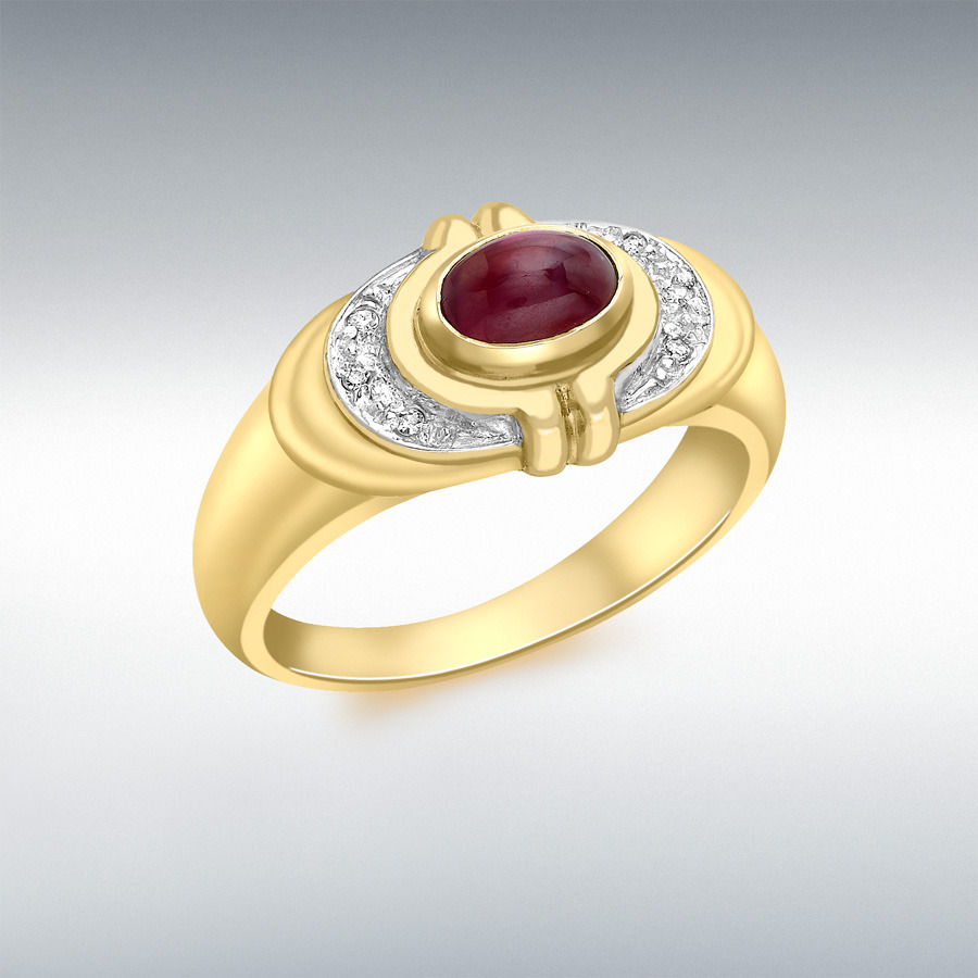 9ct Yellow Gold 0.02ct Diamond and Cabochon Ruby Ring