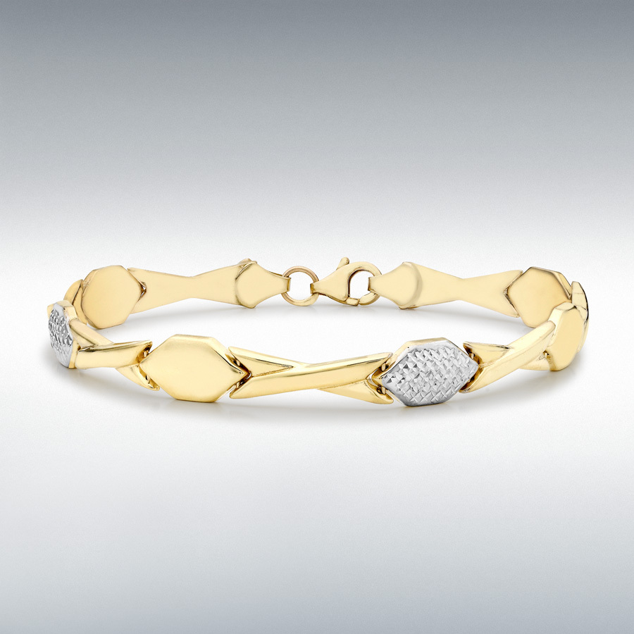 9ct 2-Colour Gold Diamond Cut Hugs and Kisses Link Bracelet 19cm/7.5"
