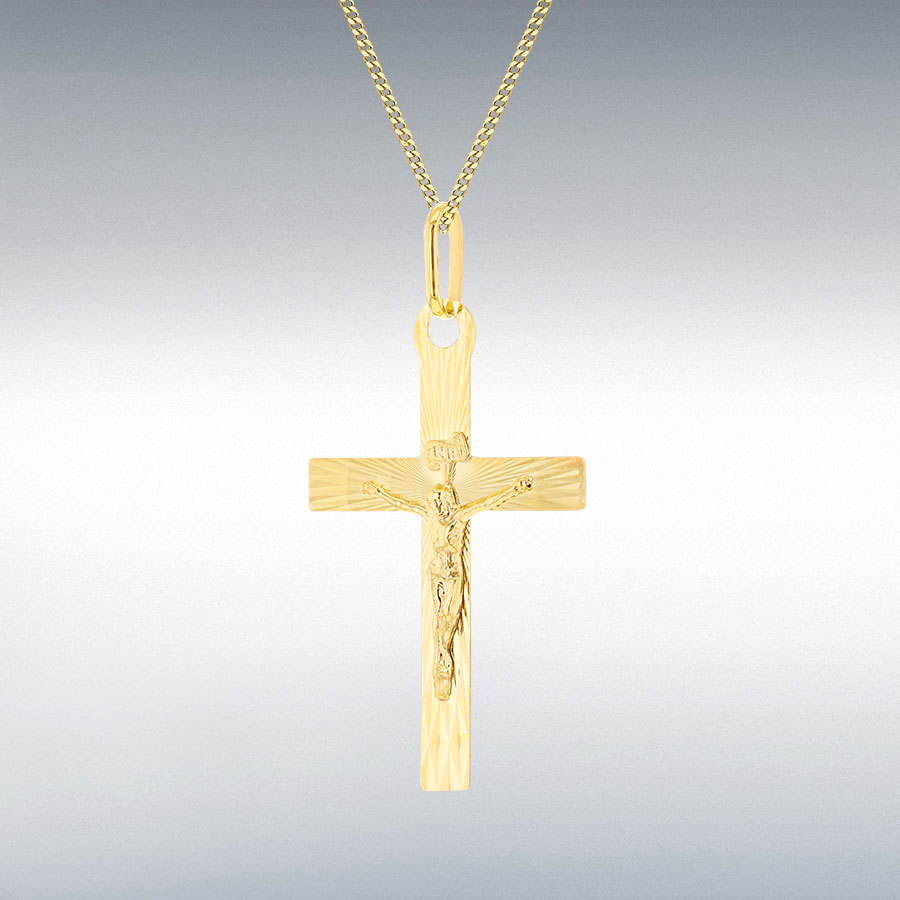 9ct Yellow Gold 21mm x 40mm Diamond Cut Sunray Crucifix Pendant 