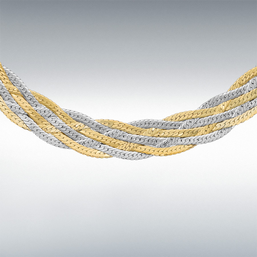 9ct 2-Colour Gold 6-Plait Textured Herringbone Necklace 41cm/16"