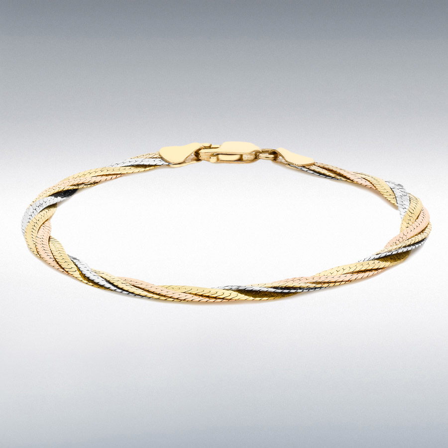 18ct 3-Colour Gold 4.5mm Plaited Herringbone Bracelet 19cm/7.5"