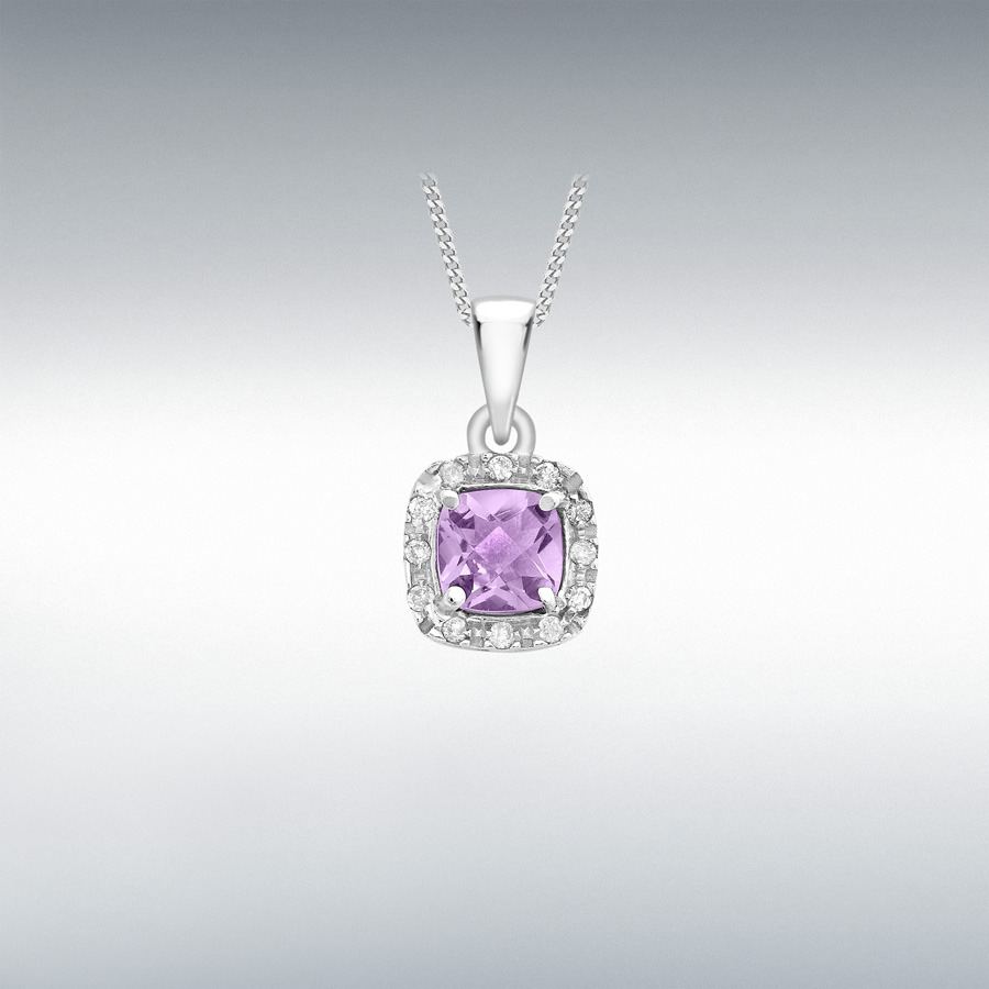 9ct White Gold 0.05ct Diamond and Cushion Cut Amethyst 8mm x 14mm Pendant