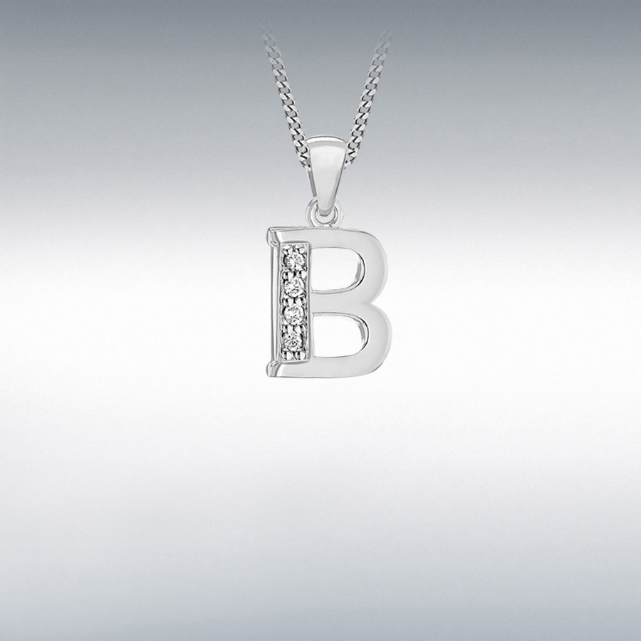 Sterling Silver Rhodium Plated CZ 9mm x 18.6mm 'B' Initial Pendant