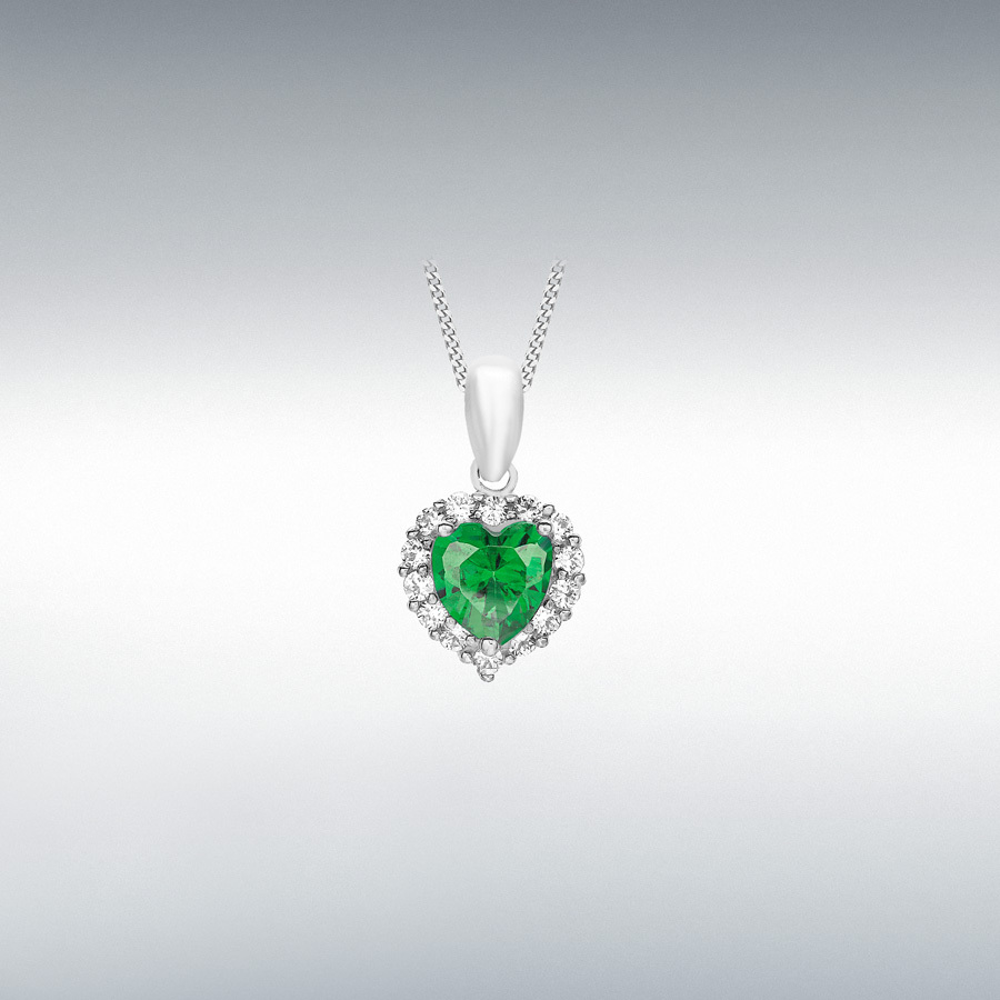 9ct White Gold Green and White CZ 9mm x 12mm Heart Cluster Pendant