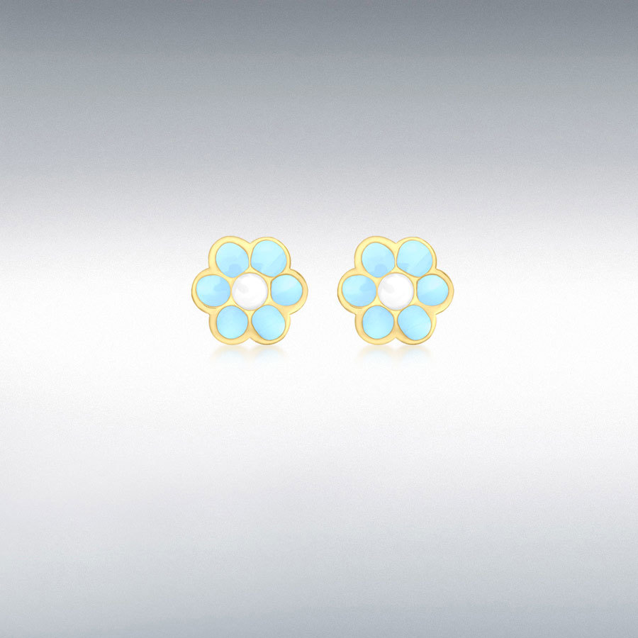 9ct Yellow Gold 4.5mm Blue-Enamel 'Flower' Stud Earrings