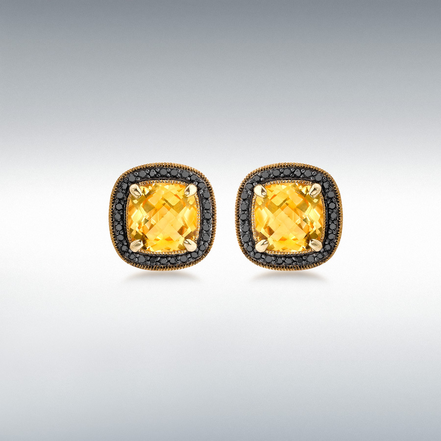 9ct Yellow Gold 0.18ct Black Diamond and Cushion Cut Citrine 11mm x 11mm Stud Earrings