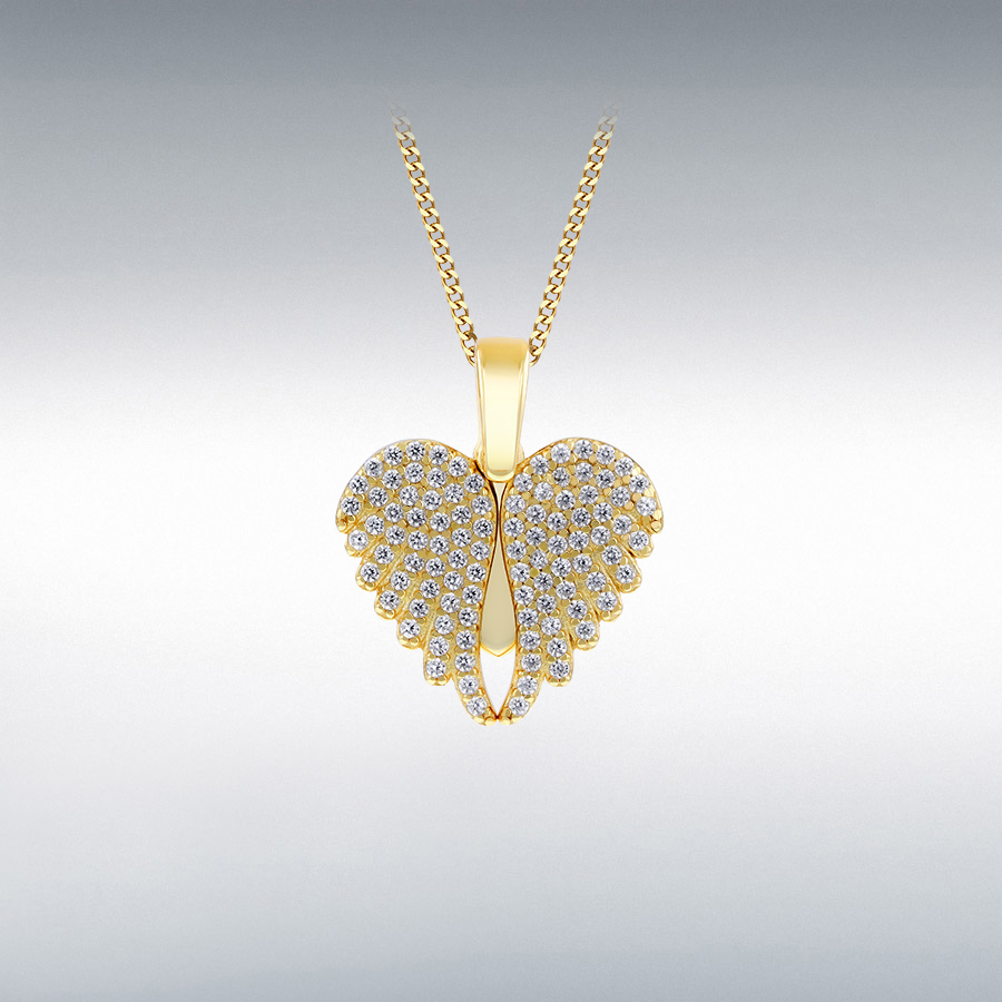 Sterling Silver Gold Plated CZ Open Wing Heart Pendant