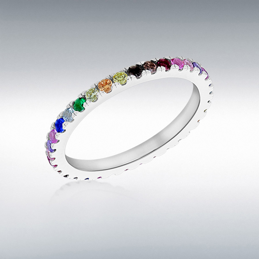 Sterling Silver Rhodium Plated 34 x 1.7mm Multi-Coloured CZ 2mm Band Ring