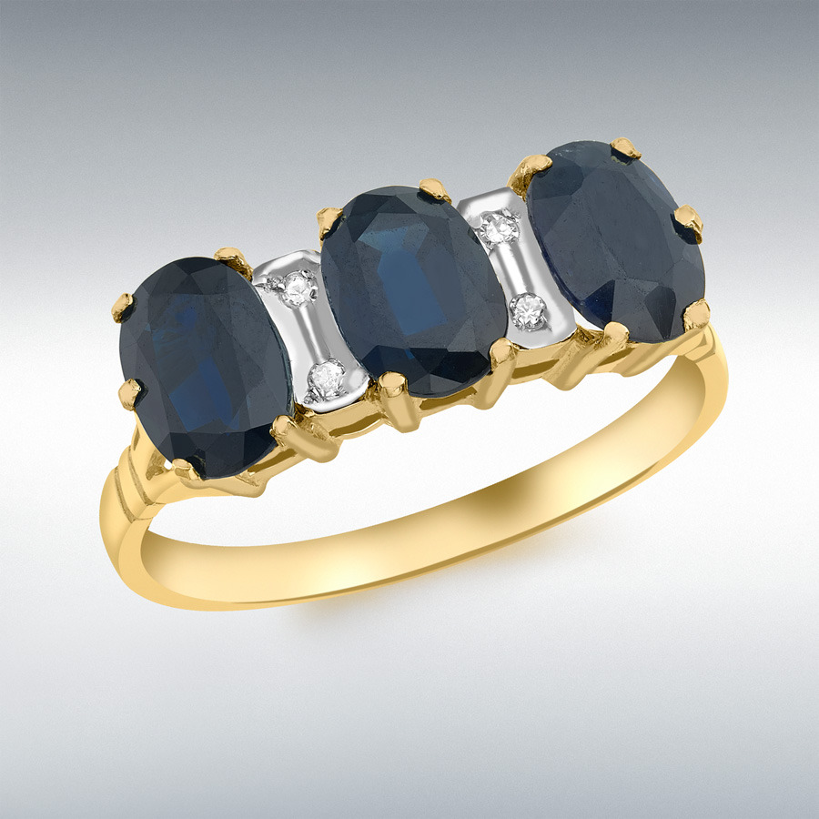 9ct Yellow Gold 0.02ct Diamond and Triple-Oval-Sapphire Ring