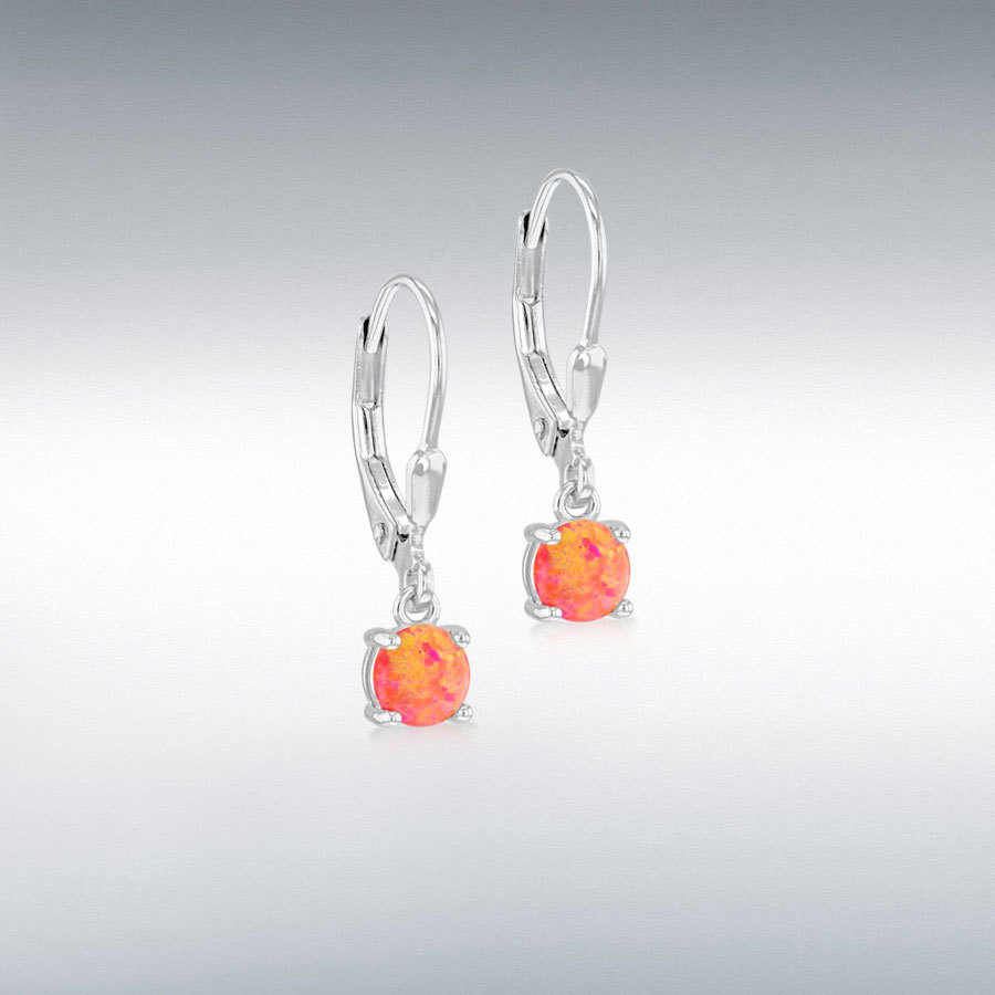 Sterling Silver Rhodium Plated 5mm Synthetic Orange Round Opals Drop Earrings